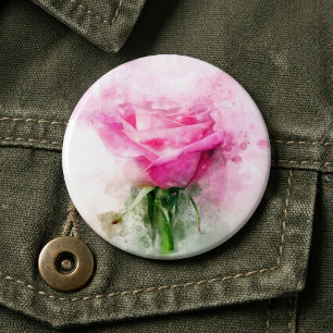 Badge Rond 15,2 Cm Art aquarelle de rose rose sur fond blanc