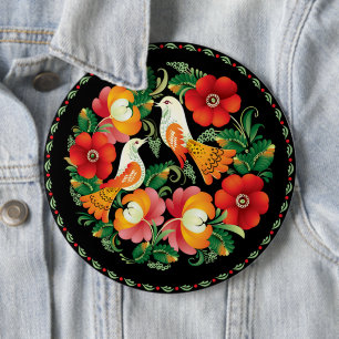 Badge Rond 15,2 Cm Art populaire exquis Oiseaux Fleurs Décor beau