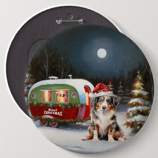 Badge Rond 15,2 Cm Australian Shepherd Caravan Christmas Adventure (Devant & derrière)