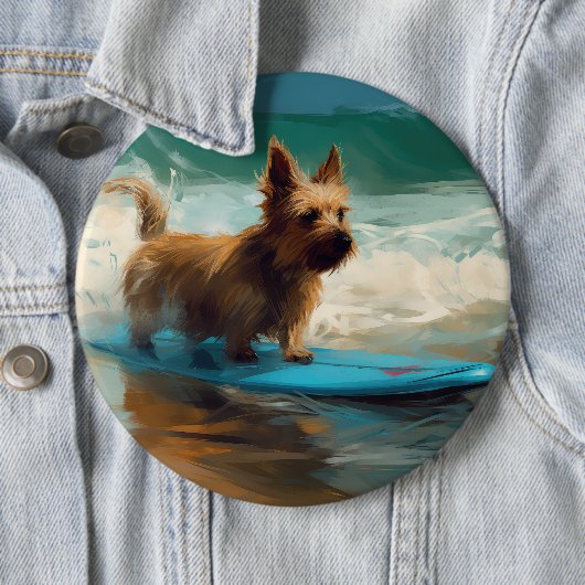 Badge Rond 15,2 Cm Australian Terrier Beach Surfing Paining (En situation)