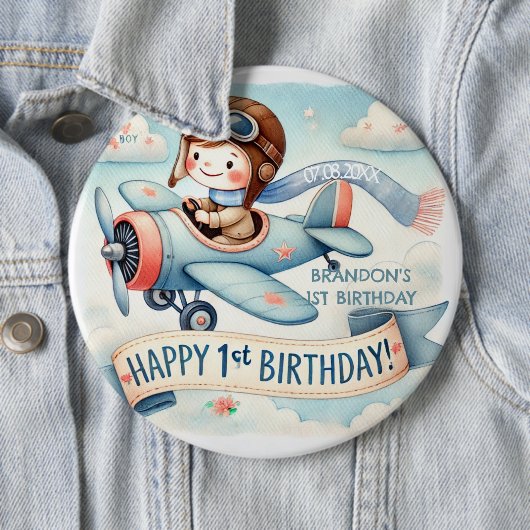 Badge Rond 15,2 Cm Avion Boy 1er anniversaire (En situation)