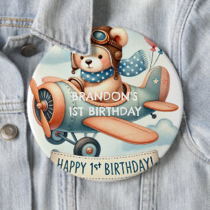 Badge Rond 15,2 Cm Avion Boy Bear 1ère fête d'anniversaire