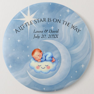Badge Rond 15,2 Cm Baby Boy Douche Invitation Lune Étoiles Aquarelle