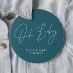 Badge Rond 15,2 Cm Baby shower script moderne minimal turquoise bleu<br><div class="desc">Baby shower script moderne lumineux turquoise bleu et blanc élégant décoration de soirée habillage design bouton. Idéal design contemporain minimaliste baby shower fête.</div>