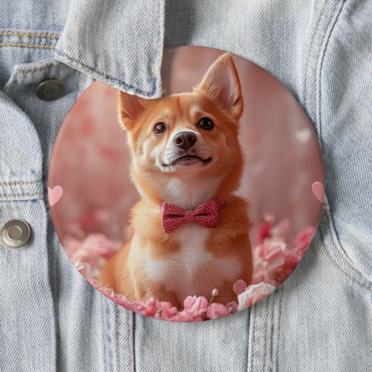 Badge Rond 15,2 Cm Basenji avec Rose - Saint Valentin (En situation)
