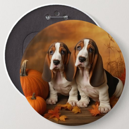 Badge Rond 15,2 Cm Basset Hound Chiot Automne Citrouille de plaisir (Devant & derrière)
