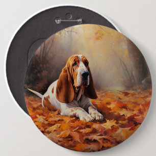 Badge Rond 15,2 Cm Basset Hound dans les feuilles d'automne qui tombe