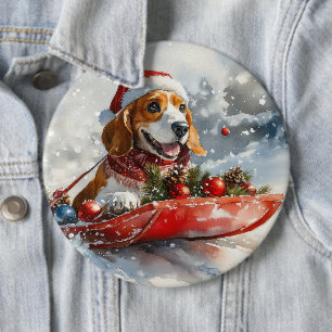 Badge Rond 15,2 Cm Basset Hound Dog in Sledge Let it Neige Noël