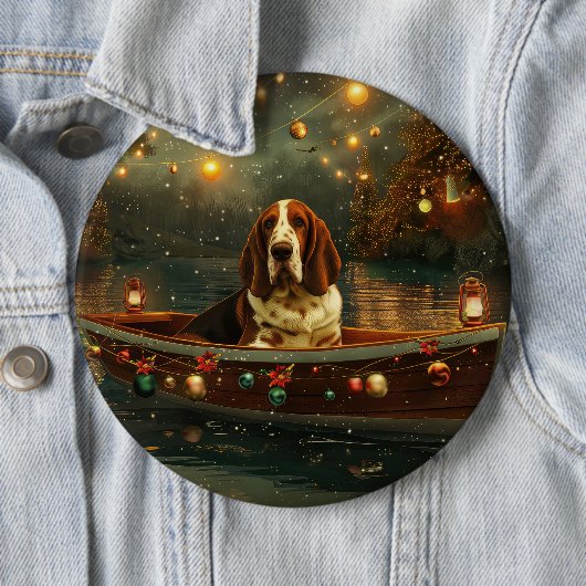 Badge Rond 15,2 Cm Basset Hound Noël Festive Voyage (En situation)