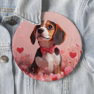 Badge Rond 15,2 Cm Beagle avec Rose - Saint Valentin