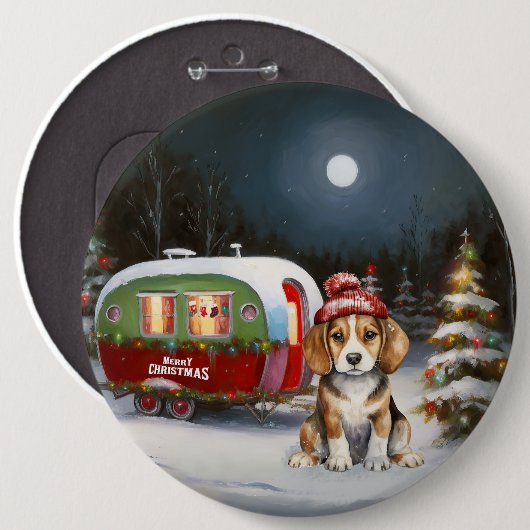 Badge Rond 15,2 Cm Beagle d'hiver Caravan Christmas Adventure (Devant & derrière)