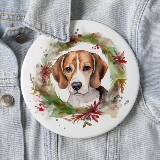 Badge Rond 15,2 Cm Beagle Noël Wreath Festive Pup (En situation)