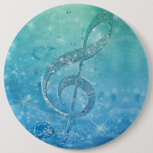 Badge Rond 15,2 Cm Belle Glittery Blue Music Note Treble Clef
