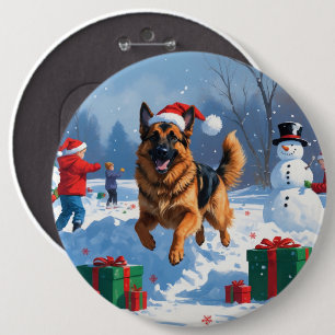 Badge Rond 15,2 Cm Berger Allemand courant dans la neige avec un chap
