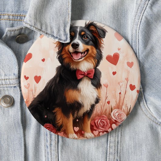 Badge Rond 15,2 Cm Berger australien avec Rose - Saint Valentin (En situation)