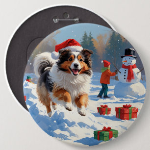 Badge Rond 15,2 Cm Berger des Shetland courant dans la neige avec un