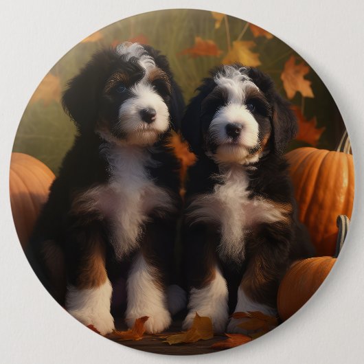 Badge Rond 15,2 Cm Bernedoodle Chiot Automne Citrouille de plaisir (Devant)