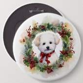 Badge Rond 15,2 Cm Bichon Frise Wreath Festive Pup (Devant & derrière)