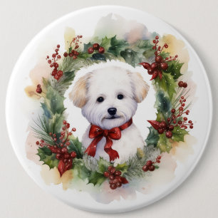 Badge Rond 15,2 Cm Bichon Frise Wreath Festive Pup