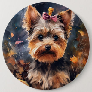Badge Rond 15,2 Cm Biewer Terrier Halloween avec citrouilles effrayan