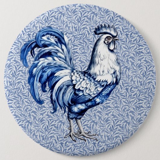 Badge Rond 15,2 Cm Bleu Delft Et Poulet Blanc Rooster (Devant)