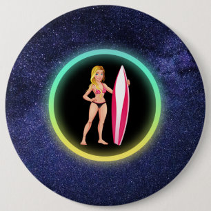 Badge Rond 15,2 Cm Blonde Surfer Adolescent Girl Galaxy