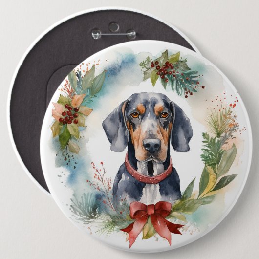 Badge Rond 15,2 Cm Bluetick Coonhound Christmas Wreath Festive Pup (Devant & derrière)