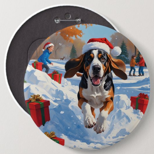 Badge Rond 15,2 Cm Bluetick Coonhound Courir dans la neige avec Noël (Devant & derrière)