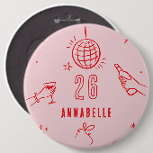 Badge Rond 15,2 Cm boisson d'anniversaire rose dessinée à la main (Devant & derrière)
