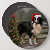 Badge Rond 15,2 Cm Bordure Collie Chien dans neige Noël (Devant & derrière)
