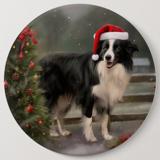 Badge Rond 15,2 Cm Bordure Collie Chien dans neige Noël (Devant)