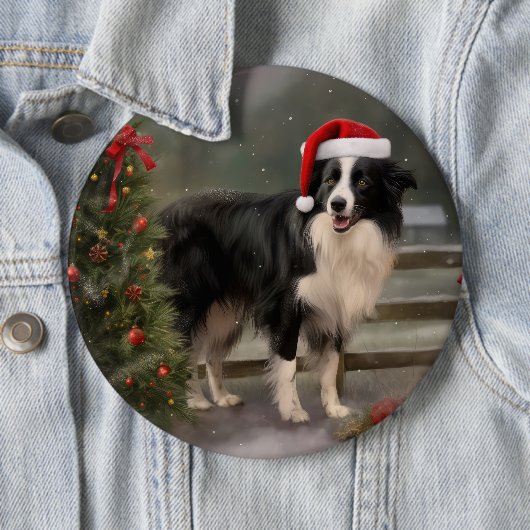 Badge Rond 15,2 Cm Bordure Collie Chien dans neige Noël (En situation)