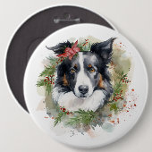 Badge Rond 15,2 Cm Bordure Collie Fête de Noël Wreath Pup (Devant & derrière)