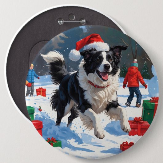 Badge Rond 15,2 Cm Bordure Collie Noël Festive Scène de neige (Devant & derrière)