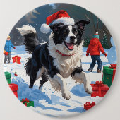 Badge Rond 15,2 Cm Bordure Collie Noël Festive Scène de neige (Devant)