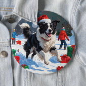 Badge Rond 15,2 Cm Bordure Collie Noël Festive Scène de neige (En situation)