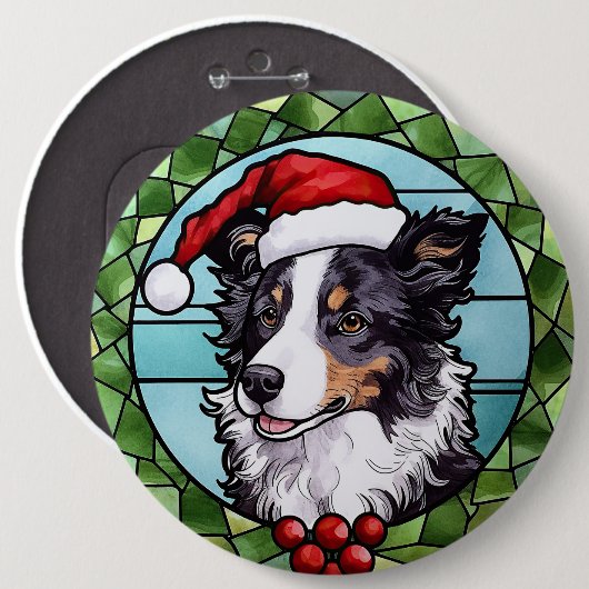 Badge Rond 15,2 Cm Bordure Collie Vitrail Noël (Devant & derrière)