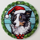 Badge Rond 15,2 Cm Bordure Collie Vitrail Noël (Devant)