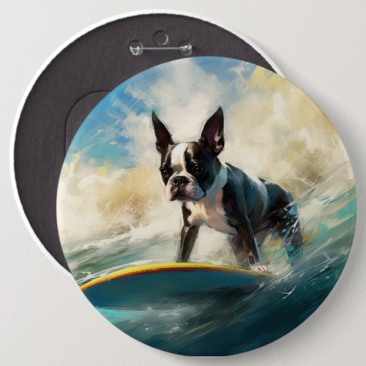 Badge Rond 15,2 Cm Boston Terrier Beach Surfing Peinture (Devant & derrière)