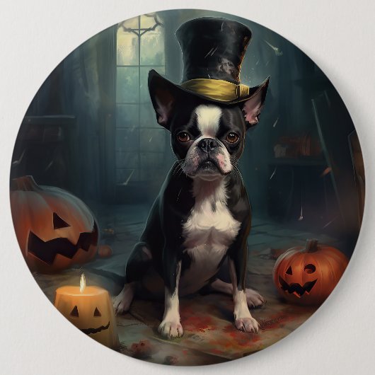 Badge Rond 15,2 Cm Boston Terrier Citrouille Halloween effroi (Devant)