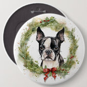 Badge Rond 15,2 Cm Boston Terrier Noël Wreath Festive Pup (Devant & derrière)