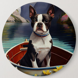 Badge Rond 15,2 Cm Boston Terrier sur un Paddle : Une Aventure Scéniq