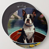 Badge Rond 15,2 Cm Boston Terrier sur une rame : une aventure Pittore (Devant & derrière)