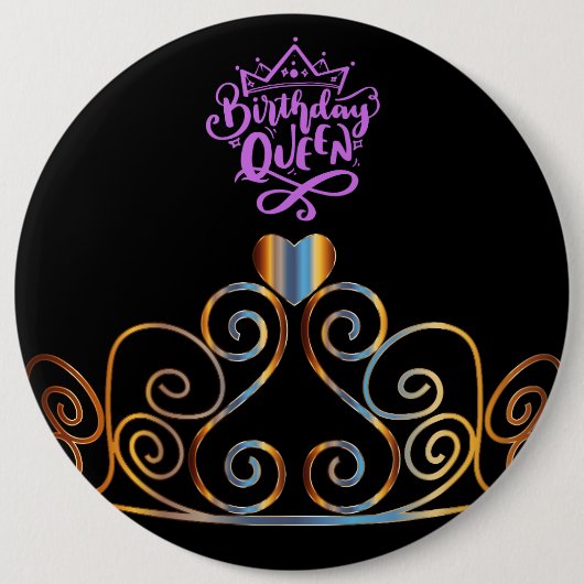 Badge Rond 15,2 Cm Bouton Reine d'anniversaire noir et or (Devant)
