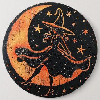 Badge Rond 15,2 Cm Bouton Sorcière en orange et noir lune et étoiles