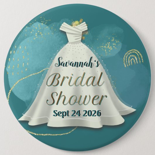 Badge Rond 15,2 Cm Bridal Shower Wedding Gown Deep Teal Gold Glitter (Devant)