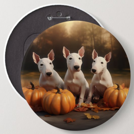 Badge Rond 15,2 Cm Bull Terrier Chiot Automne Citrouille de plaisir (Devant & derrière)