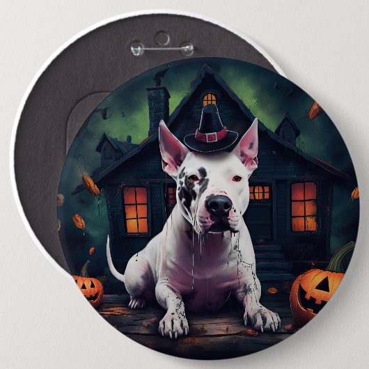 Badge Rond 15,2 Cm Bull Terrier Citrouille Halloween effroi (Devant & derrière)