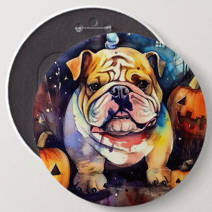 Badge Rond 15,2 Cm Bulldog d'Halloween avec citrouilles effrayant