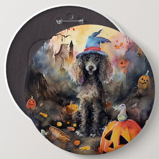 Badge Rond 15,2 Cm Caniche D'Halloween Avec Peur Citrouille (Devant & derrière)